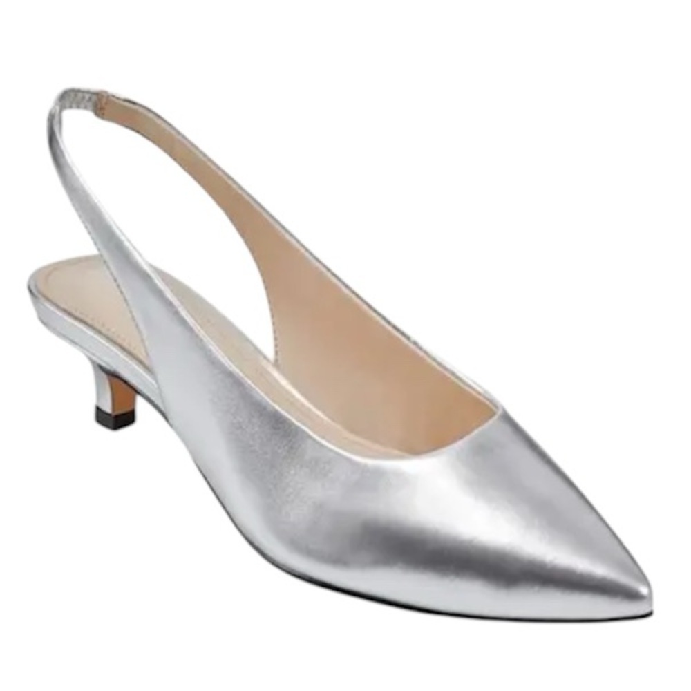 Marc Fisher Posey Leather Silver Kitten Heel Slingback Heels Size 6.5. NEW